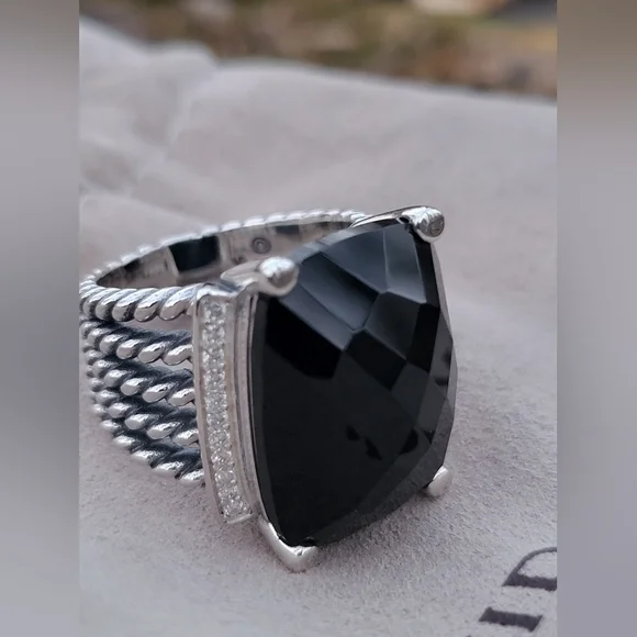 David Yurman Sterling Silver Wheaton 14x20mm Black Onyx & Diamond Ring - Picture 1 of 16